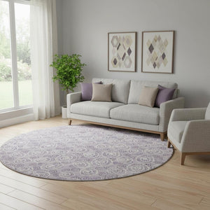 HomeRoots 8' Playful Lavender and Ivory Polka Dot Washable Round Rug with UV Protection for Busy Homes 661590