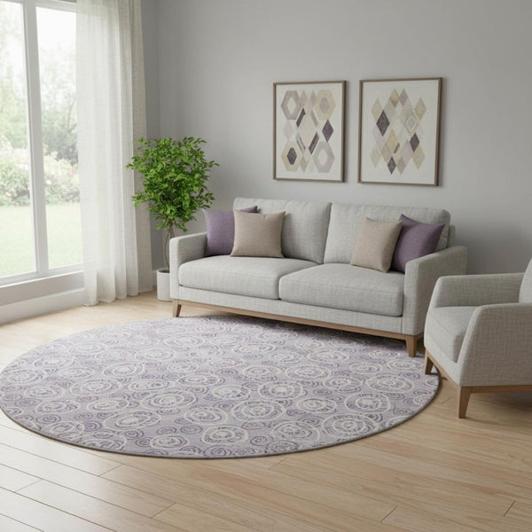 HomeRoots 8' Playful Lavender and Ivory Polka Dot Washable Round Rug with UV Protection for Busy Homes 661590