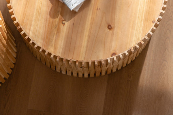 English Elm Retro Cylindrical Coffee Tables Set Of 2 - Textured Relief Design For Stylish Living Room & Office Use W757S00029-GIGA