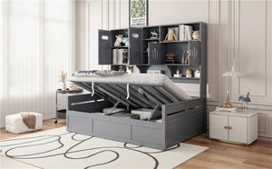 English Elm Full Size Wooden Daybed With Hydraulic Lift, Integrated Storage Cabinet & Shelves In Gray Finish N820S00047E