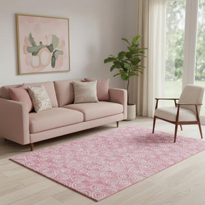 HomeRoots 5' X 8' Pink and Ivory Polka Dot Washable Area Rug - Stylish, Durable, UV Protected for Family Spaces 661601