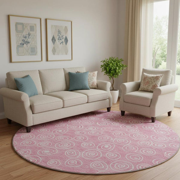 HomeRoots 8' Pink and Ivory Polka Dot Round Rug – Washable, UV-Protected, Stylish for Kids and Pets! 661602
