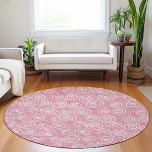 HomeRoots 8' Pink and Ivory Polka Dot Round Rug – Washable, UV-Protected, Stylish for Kids and Pets! 661602