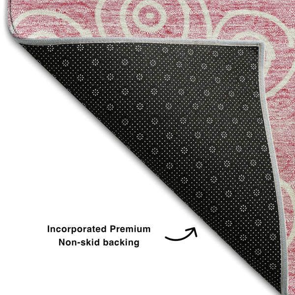 HomeRoots 8' Pink and Ivory Polka Dot Round Rug – Washable, UV-Protected, Stylish for Kids and Pets! 661602