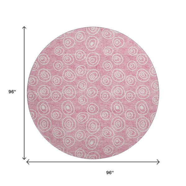 HomeRoots 8' Pink and Ivory Polka Dot Round Rug – Washable, UV-Protected, Stylish for Kids and Pets! 661602