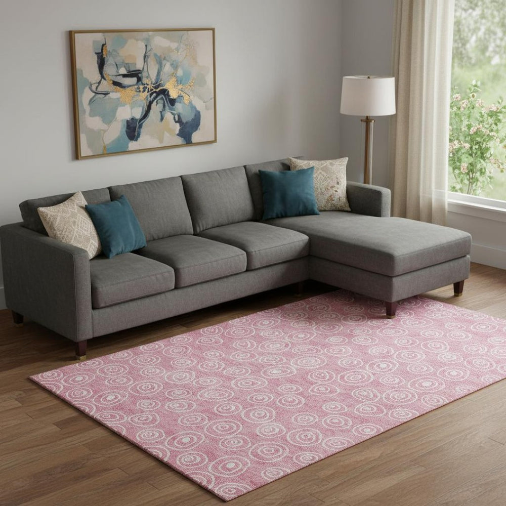 HomeRoots 9' X 12' Pink and Ivory Polka Dot Area Rug - Washable, UV Protected, Perfect for Family Spaces! 661604