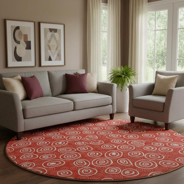 HomeRoots 8' Red and Ivory Polka Dot Washable Round Rug - Stylish, Durable, UV-Protected for Kids & Pets! 661608
