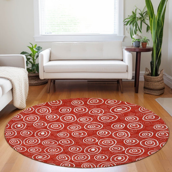 HomeRoots 8' Red and Ivory Polka Dot Washable Round Rug - Stylish, Durable, UV-Protected for Kids & Pets! 661608