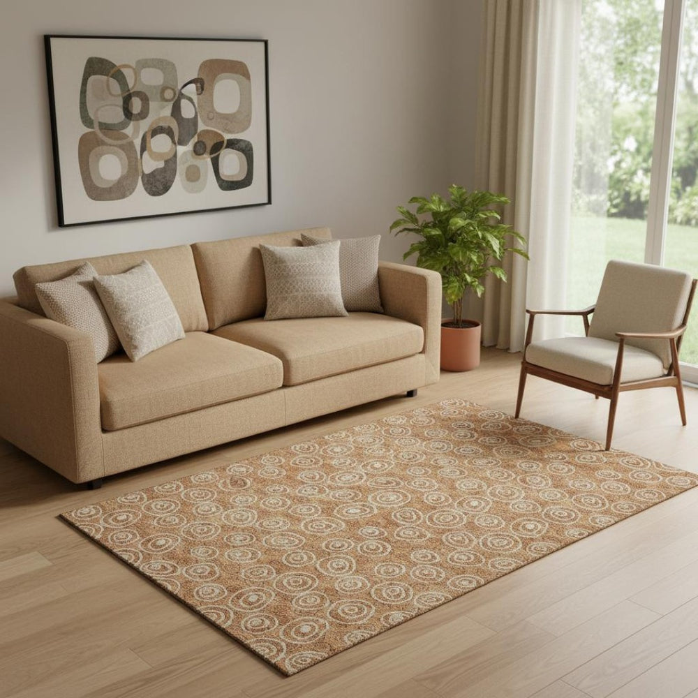 HomeRoots 5' Terra Cotta & Beige Polka Dot Washable Area Rug | Stain Resistant, UV Protected, Cozy Comfort 661619