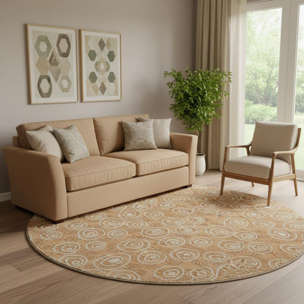 HomeRoots 8' Washable Round Rug in Terra Cotta & Beige Polka Dots - UV-Protected, Durable, Cozy Accent Piece 661620
