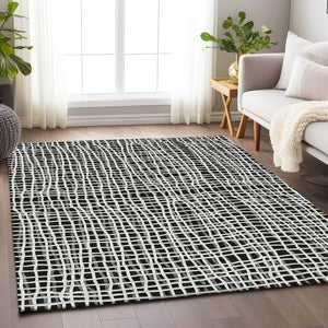 HomeRoots 9' X 12' Striped Area Rug - Machine Washable, UV Protected, Stylish Black and Ivory for Homes 661628
