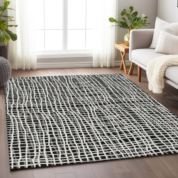 HomeRoots 9' X 12' Striped Area Rug - Machine Washable, UV Protected, Stylish Black and Ivory for Homes 661628