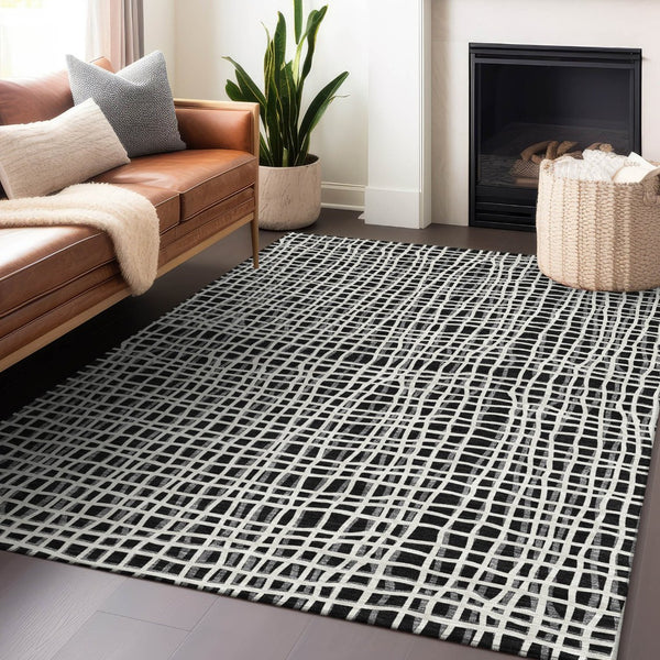 HomeRoots 10' X 14' Black And Ivory Striped Area Rug - Durable, Stain-Resistant, UV Protected for Versatile Spaces 661629