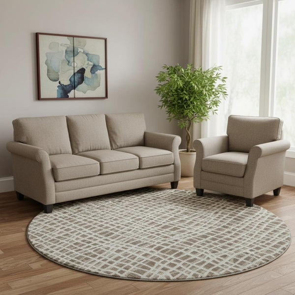 HomeRoots 8' Cozy Brown and Ivory Striped Washable Round Rug with UV Protection for Indoor & Outdoor Use 661632