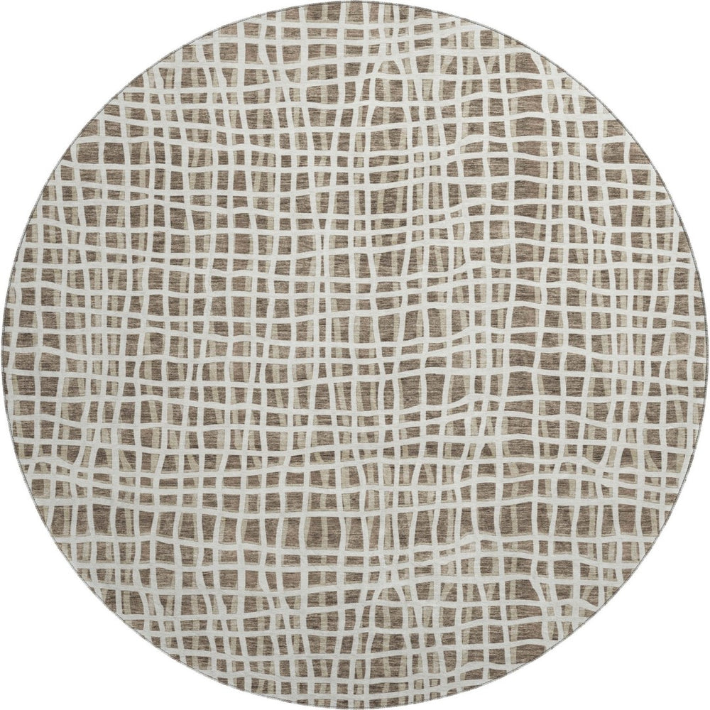 HomeRoots 8' Cozy Brown and Ivory Striped Washable Round Rug with UV Protection for Indoor & Outdoor Use 661632