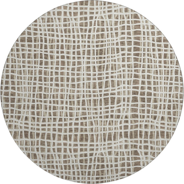 HomeRoots 8' Cozy Brown and Ivory Striped Washable Round Rug with UV Protection for Indoor & Outdoor Use 661632