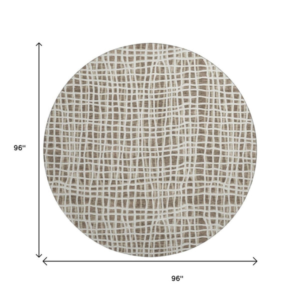 HomeRoots 8' Cozy Brown and Ivory Striped Washable Round Rug with UV Protection for Indoor & Outdoor Use 661632