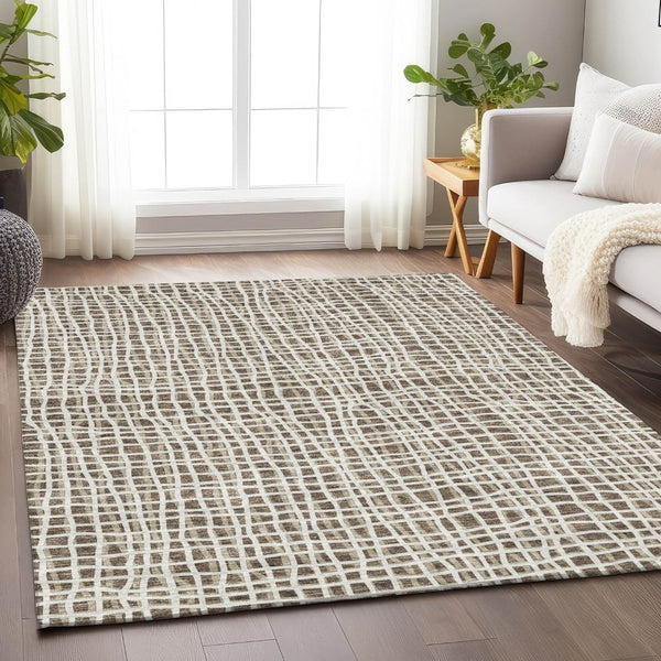 HomeRoots 9' X 12' Brown & Ivory Striped Area Rug - Washable, UV Protected, Durable & Stylish for Any Space 661634