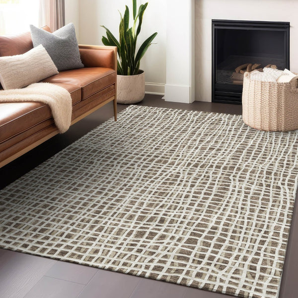 HomeRoots 9' X 12' Brown & Ivory Striped Area Rug - Washable, UV Protected, Durable & Stylish for Any Space 661634