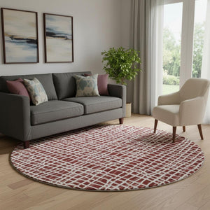 HomeRoots 8' Burgundy and Ivory Striped Round Rug - Washable, UV-Protected, Durable, Ideal for Homes with Kids & Pets 661638