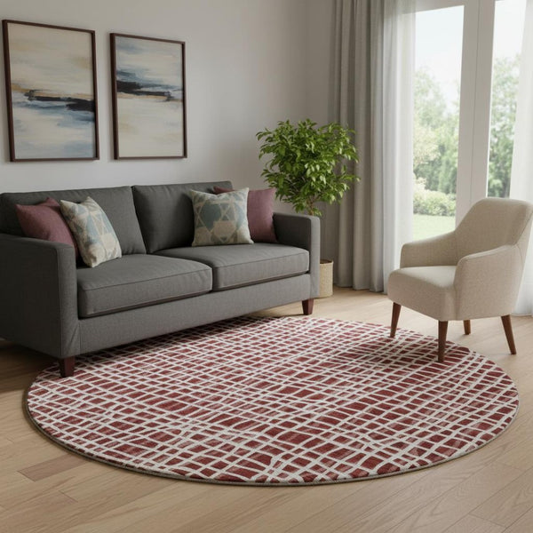 HomeRoots 8' Burgundy and Ivory Striped Round Rug - Washable, UV-Protected, Durable, Ideal for Homes with Kids & Pets 661638