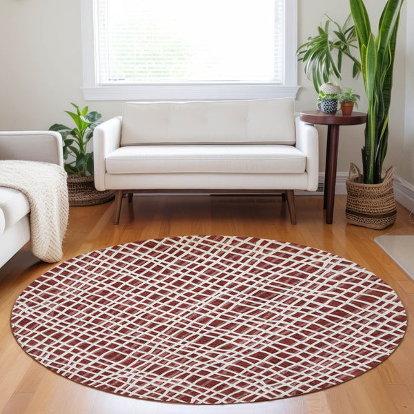 HomeRoots 8' Burgundy and Ivory Striped Round Rug - Washable, UV-Protected, Durable, Ideal for Homes with Kids & Pets 661638