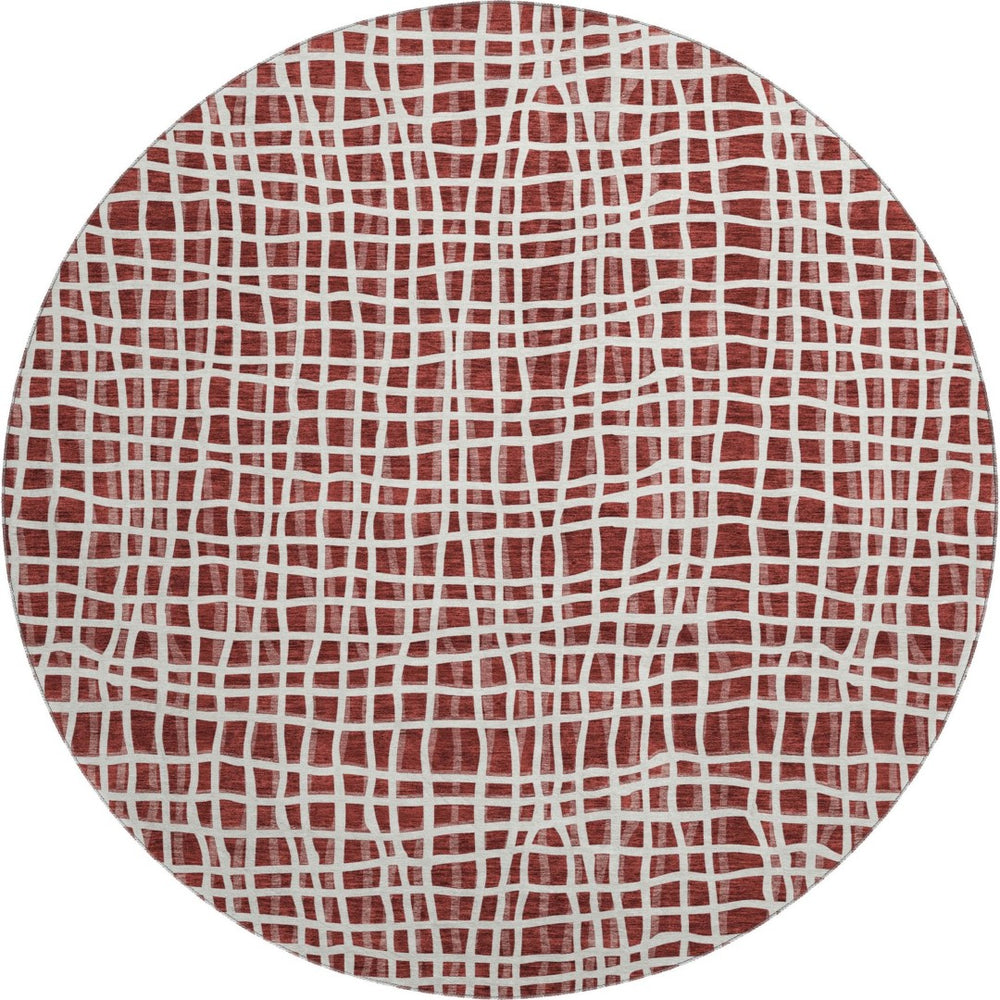 HomeRoots 8' Burgundy and Ivory Striped Round Rug - Washable, UV-Protected, Durable, Ideal for Homes with Kids & Pets 661638