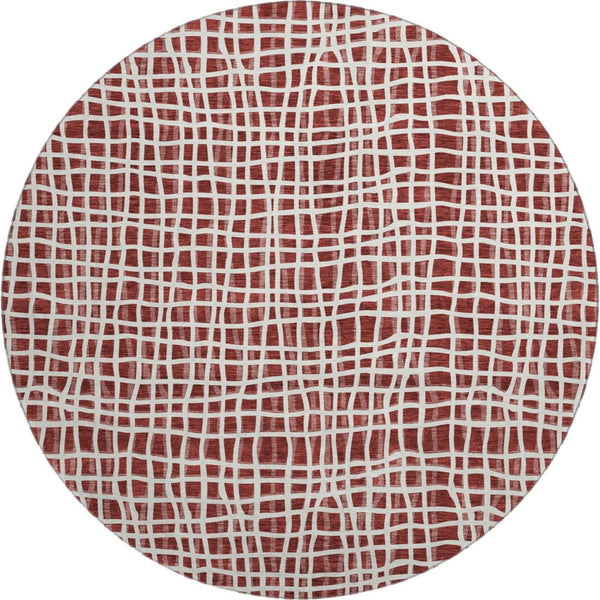 HomeRoots 8' Burgundy and Ivory Striped Round Rug - Washable, UV-Protected, Durable, Ideal for Homes with Kids & Pets 661638