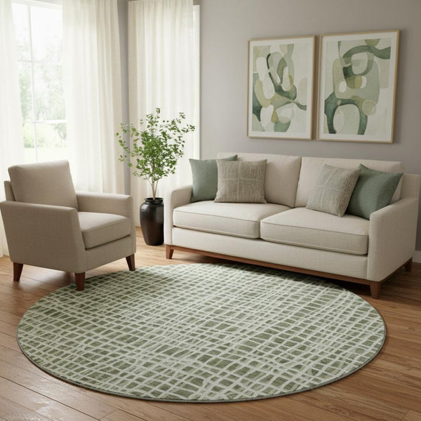 HomeRoots 8' Green and Ivory Striped Washable Round Rug - Durable, UV-Protected, Perfect for Family Spaces! 661650