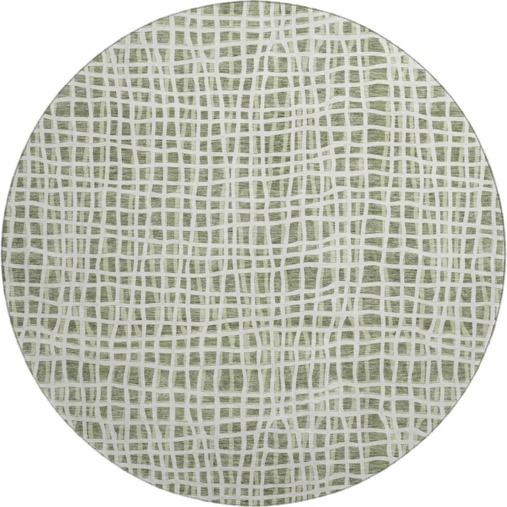 HomeRoots 8' Green and Ivory Striped Washable Round Rug - Durable, UV-Protected, Perfect for Family Spaces! 661650