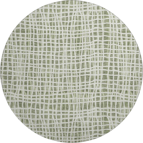 HomeRoots 8' Green and Ivory Striped Washable Round Rug - Durable, UV-Protected, Perfect for Family Spaces! 661650
