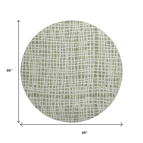 HomeRoots 8' Green and Ivory Striped Washable Round Rug - Durable, UV-Protected, Perfect for Family Spaces! 661650
