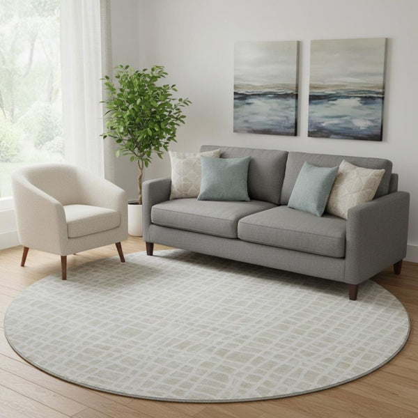 HomeRoots 8' Ivory and Beige Striped Washable Round Rug - UV Protected, Durable, Stylish for High-Traffic Areas 661656