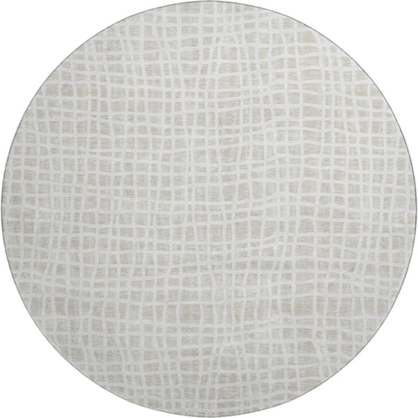 HomeRoots 8' Ivory and Beige Striped Washable Round Rug - UV Protected, Durable, Stylish for High-Traffic Areas 661656