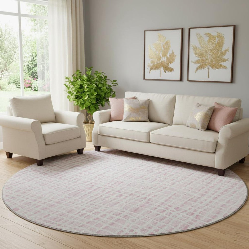 HomeRoots 8' Pink and Ivory Striped Round Rug - Washable, UV Protected, Durable, Perfect for Busy Homes! 661680