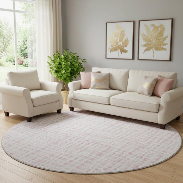 HomeRoots 8' Pink and Ivory Striped Round Rug - Washable, UV Protected, Durable, Perfect for Busy Homes! 661680