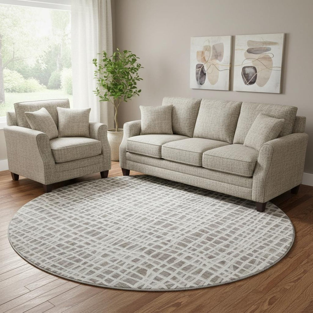 HomeRoots 8' Taupe and Beige Striped Washable Round Rug - Durable, Stain Resistant, UV Protected for All Spaces 661686