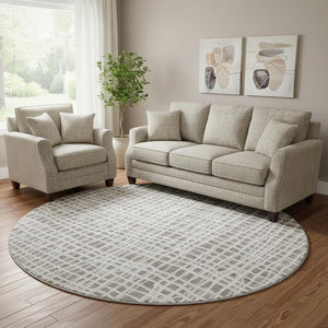 HomeRoots 8' Taupe and Beige Striped Washable Round Rug - Durable, Stain Resistant, UV Protected for All Spaces 661686