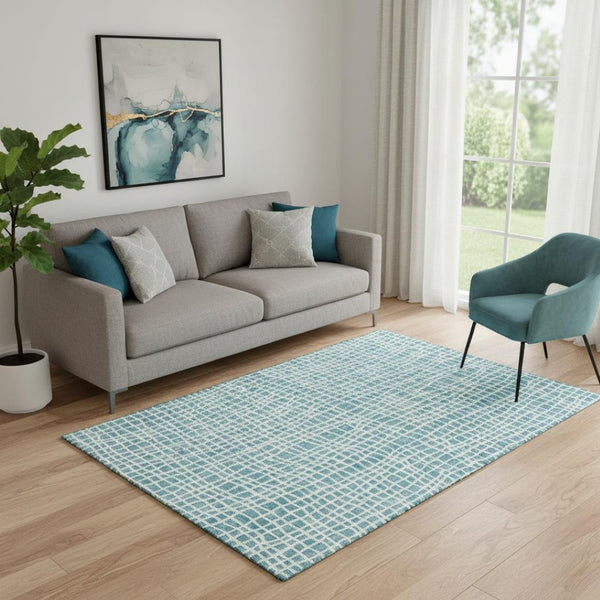 HomeRoots 5' X 8' Teal And Ivory Striped Washable Area Rug - Durable, Stain-Resistant, UV Protected Beauty! 661691