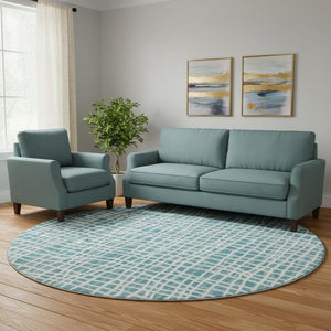 HomeRoots 8' Stylish Teal and Ivory Striped Washable Round Rug with UV Protection for Indoor & Outdoor Use 661692
