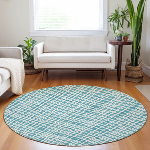 HomeRoots 8' Stylish Teal and Ivory Striped Washable Round Rug with UV Protection for Indoor & Outdoor Use 661692