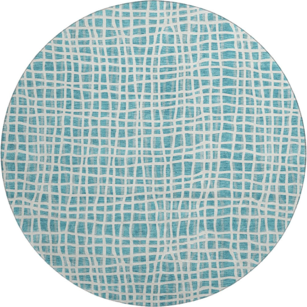 HomeRoots 8' Stylish Teal and Ivory Striped Washable Round Rug with UV Protection for Indoor & Outdoor Use 661692