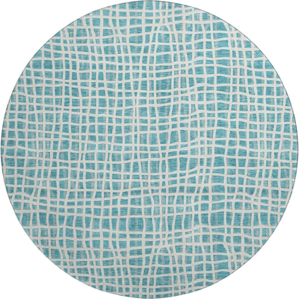 HomeRoots 8' Stylish Teal and Ivory Striped Washable Round Rug with UV Protection for Indoor & Outdoor Use 661692