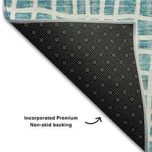 HomeRoots 8' Stylish Teal and Ivory Striped Washable Round Rug with UV Protection for Indoor & Outdoor Use 661692
