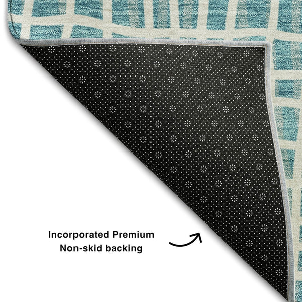 HomeRoots 8' Stylish Teal and Ivory Striped Washable Round Rug with UV Protection for Indoor & Outdoor Use 661692
