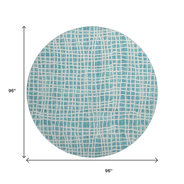 HomeRoots 8' Stylish Teal and Ivory Striped Washable Round Rug with UV Protection for Indoor & Outdoor Use 661692