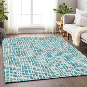 HomeRoots 8' X 10' Teal And Ivory Striped Area Rug - Durable, Washable, UV-Resistant for Indoor/Outdoor Use 661693