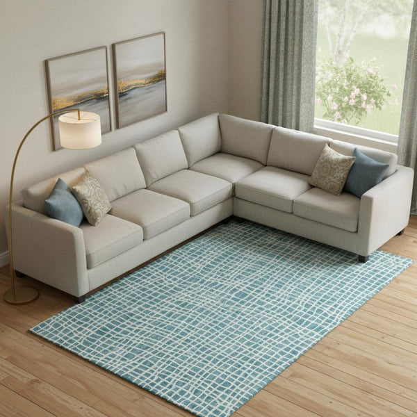HomeRoots 9' X 12' Teal and Ivory Striped Washable Area Rug – Durable, Stylish, UV-Protected for Family Spaces! 661694