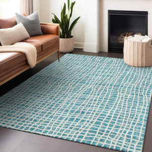HomeRoots 9' X 12' Teal and Ivory Striped Washable Area Rug – Durable, Stylish, UV-Protected for Family Spaces! 661694