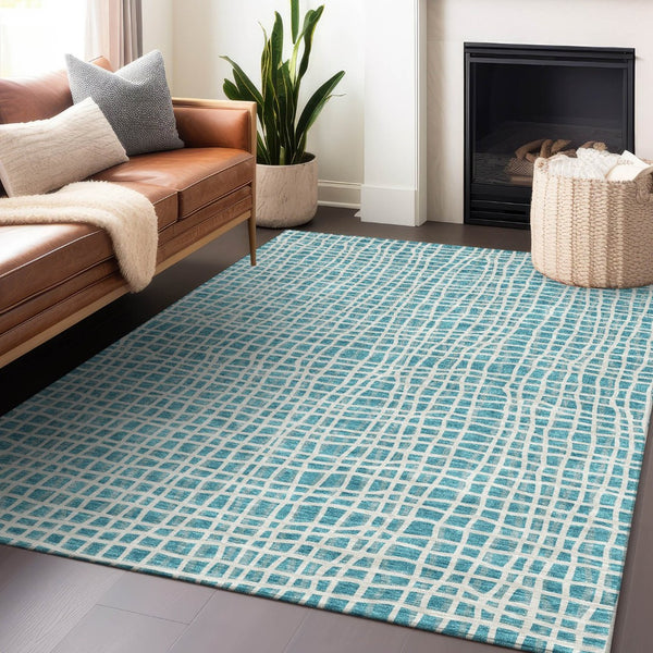 HomeRoots 9' X 12' Teal and Ivory Striped Washable Area Rug – Durable, Stylish, UV-Protected for Family Spaces! 661694